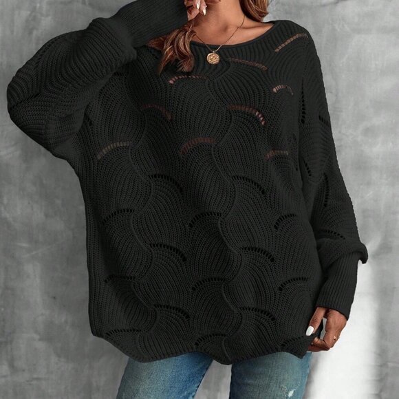 Black Women's Casual Hollow Out Batwing Sleeve Sweater - Picture 6 of 7